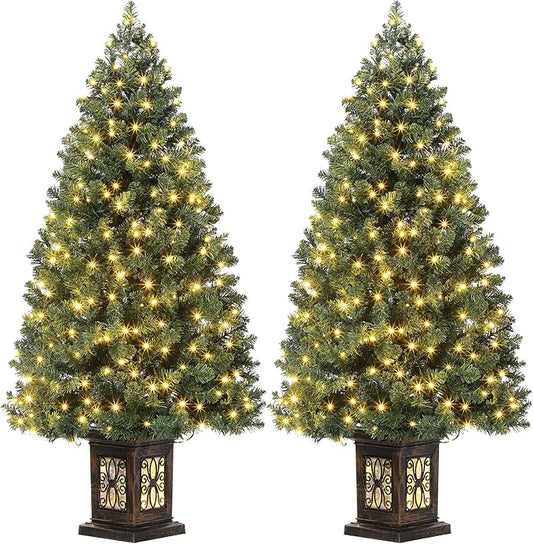 4.5ft Green Christmas Tree, Pre-Lit Artificial Potted Xmas Tree with 300 Led Lights, 8 Lighting Modes, Antique Urn Base Design, Dense Branch Realistic Home Party Decoration w/Easy Assembly，2 PCS