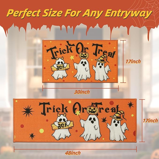 JSEI Halloween Holiday Kitchen Mats for Floor, Non-Slip Ghost and Pumpkins Decorative Kitchen Rugs Set of 2, Home Decor Low-Profile Kitchen Runner Rug Washable, 17"x30"+17"x48", Flying Ghosts Pattern