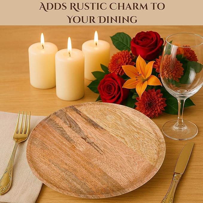 Alpha Living Home 13” Wooden Charger Plates - Set of 2, Handcrafted Round Rustic Dinnerware for Table Décor, Weddings, Thanksgiving, Parties, and Everyday Dining (Natural)