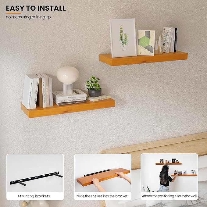 Pine Floating Wall Shelves Set of 2, 16 Inches Long x 8”x 1.4” Shelf Floating Rustic Farmhouse Decor, Heavy Duty Shelf, Wall Shelves for Bathroom Living Room Kitchen Bedroom Office, Honey Oak