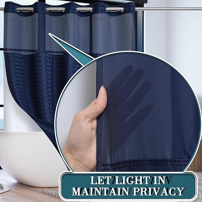 Conbo Mio No Hook Shower Curtain with Snap in Liner Set, Hotel Luxury Navy Blue Shower Curtains for Bathroom with See Through Top Window, Waterproof, Washable 71W x 74H