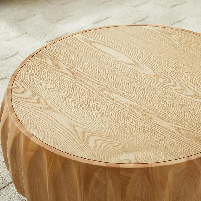 31.5" Round Wood Coffee Table - Mid Century Modern Solid Wood Coffee Tables with Fluted Design for Living Room, Small Space, Apartment