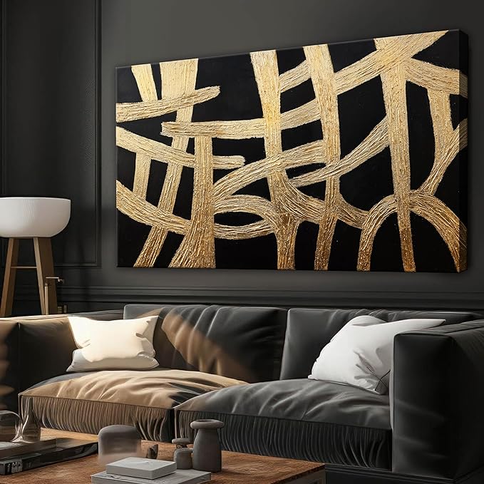 Abstract Wall Art Paintings Canvas Wall Art Decor Black And Gold Lines Artwork for Walls Texture Wall Decorations Modern Minimalist Wall Art Living Room Decor For Room Bedroom Office Wall Decor 24"X48"
