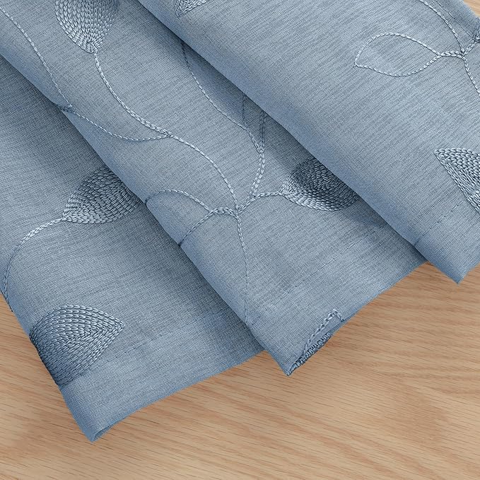 HOMEIDEAS Stone Blue Sheer Kitchen Curtains 30 X 36 Inch Length 2 Panels Embroidered Leaf Pattern Short Bathroom Window Curtains for Small Window Valance Tiers