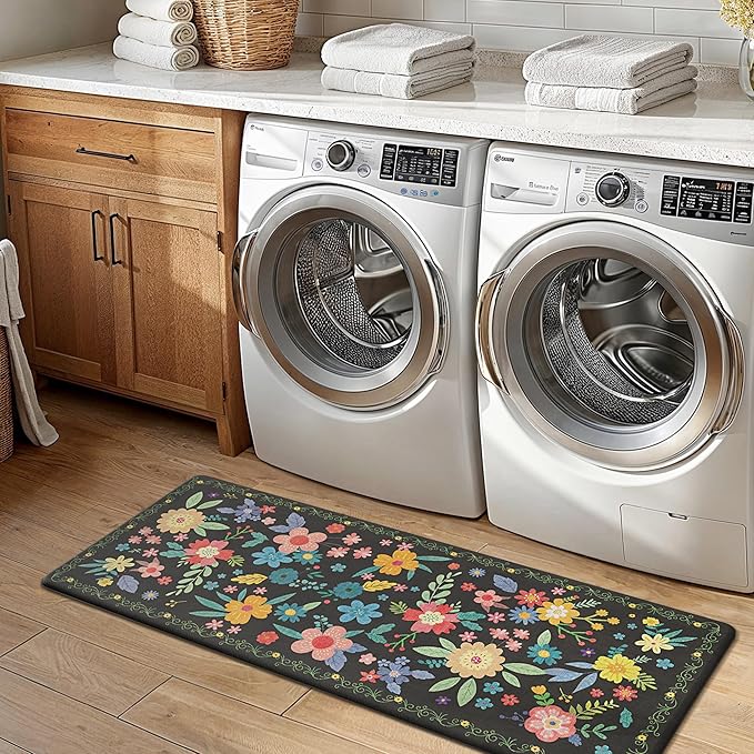 GENIMO Kitchen Mats for Floor 2PCS, Cushioned Kitchen Rugs Non Slip Washable, Farmhouse Anti Fatigue Mat Waterproof, Comfort Standing Mat Rug for Office, Home, Laundry, Sink, 20"x48"+20"x32", Black