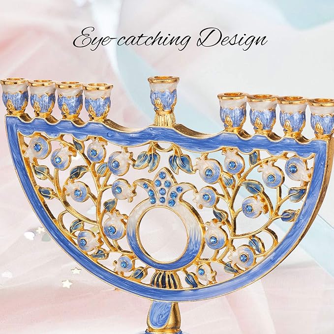 Matashi Hand Painted Blue Enamel Pomegranate Design Menorah Candelabra Embellished with Gold Accents and Crystals Jewish Candle Holder Hanukkah Gift Housewarming Showpiece for Living Room