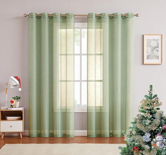 Sage Linen Sheer Curtain Panel Pairs 84 Inches Long with Grommets/Eyelets Rustic Window Treatment Drapery Sets for Living Room Bedroom Farmhouse (Green, 54"x84", 2 Panels)