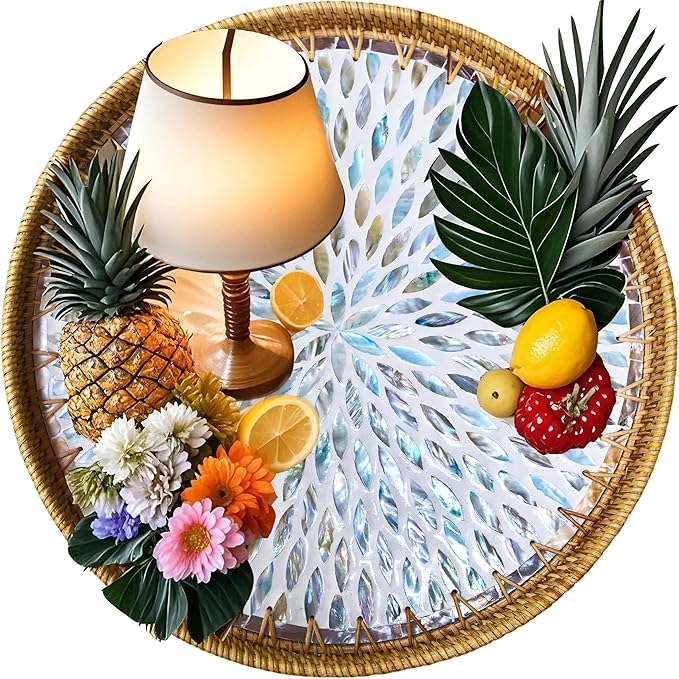 i-lan 18 inch Round Decorative Rattan Serving Platter with Mother of Pearl Inlay,Ottoman Coffee Table Tray Rattan Serving Display for Table Decor,Kitchen Counter Storage of Fruit,Candy.