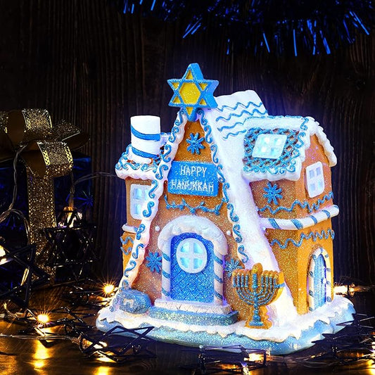 Fovths Hanukkah House Resin Tabletop Decor White and Blue Hanukkah LED Tabletop Decor Hanukkah House Centerpieces for Hanukkah Party Supplies Home Decor
