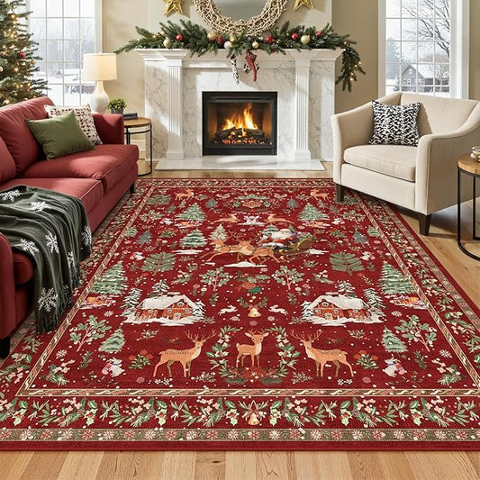 Lahome Christmas Rug for Living Room, 8x10 Soft Large Rug for Bedroom, Christmas Tree Santa Claus Non Slip Washable Red Xmas Indoor Floor Carpet for Dining Room Holiday Decor