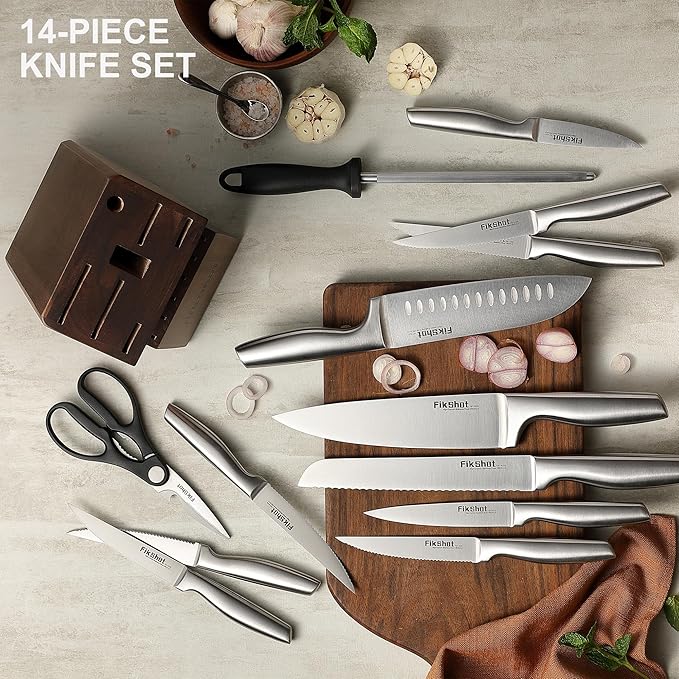 Knife Block Set, Kitchen Knife Sets with Block, FIKSHOT Knives Set for Kitchen - Razor-Sharp Santoku Knife, Fruit and Kitchen Sets - Rust Resistant for Homecooks (Silver + Walnut)