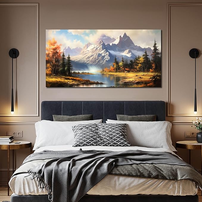 Mountain Wall Art for Living Room Bedroom Office Nature Wall Art Large Mountain Lake Forest Landscape Pictures Modern Artwork Framed Wall Decor Canvas Prints 29x59 Inch