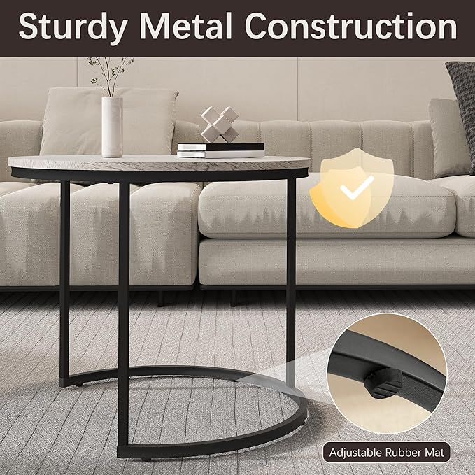 Nesting Tables Set of 2, Wood Grain Grey Round Coffee Table, Small Nesting Coffee Table with Adjustable Non-Slip Fee, Wood Grain Top Nesting Tables for Living Room, Bedroom