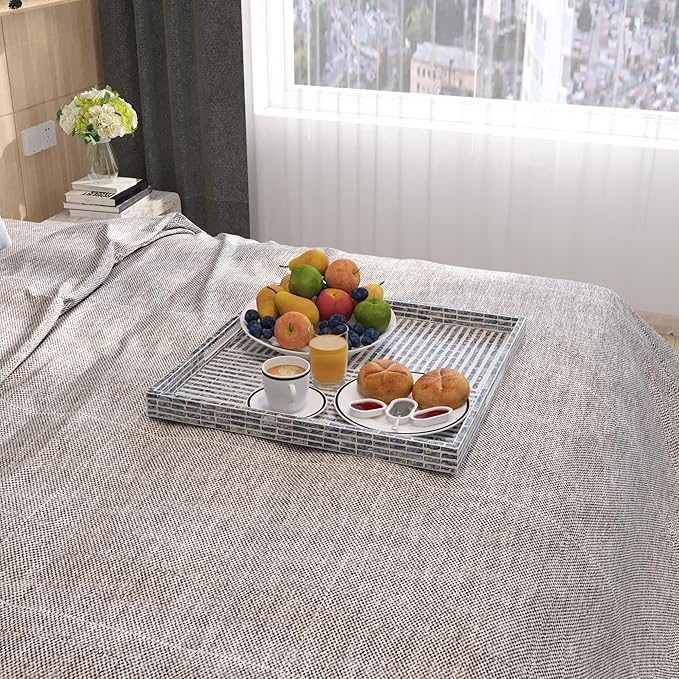 PEMAR Mother of Pearl 23.6" Square Extra Large Ottoman Tray with Insert Handles, Oversized Decorative Luxury Wooden Serving Tray for Food, Coffee Table, Breakfast in Bed (Dark Grey - White)