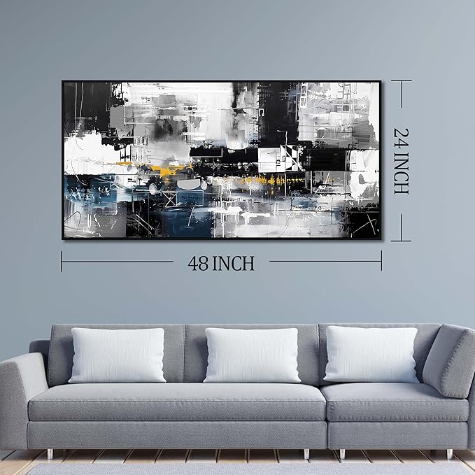 Abstract Art Wall Decor Black Framed Room Decor Blue Wall Painting for Bedroom Office Decorations 24"x 48"