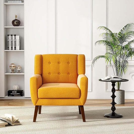 UIXE Accent Chair, Modern Upholstered Armchair in Fabric for Living Room, Comfy Club Arm Chairs Single Sofa Button Tufted Bedroom Reading Seat - Orange, Set of 1
