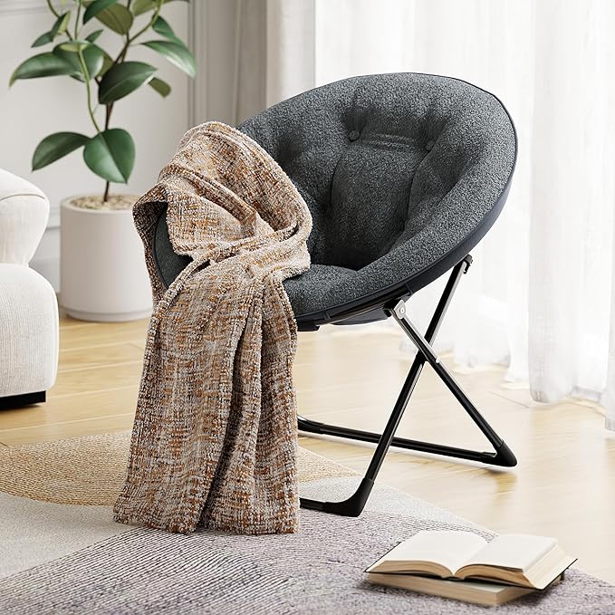 Saucer Chair with Faux Fur Cover, Large Foldable Moon Chair for Adults & Teens, Cozy Circle Accent Chair for Bedroom, Living Room, Dorm, Playroom, Soft Folding Gaming Chair for Small Spaces, Gray