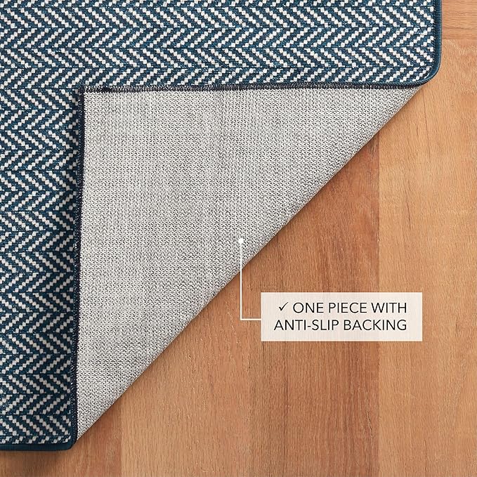 Dash and Albert Herringbone Machine Washable Area Rug - 2' x 3' Navy - Geometric Accent Rug - Anti-Slip Backing, Lightweight, Machine Washable, High Traffic Areas Kitchen, Mudroom, Laundry Room