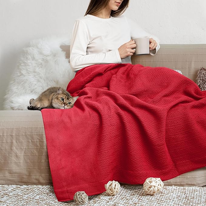THREAD SPREAD Organic GOTS Cotton Blanket, King/Cal King - 350GSM, Oversized Antistatic, Fuzzy Soft, Sofa, Camping & Travel, Luxurious Herringbone All-Season Throw, Red + Free Chic Tote Bag
