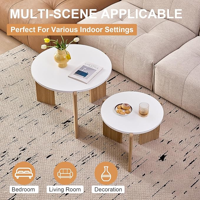Round Nesting Coffee Tables Set of 2 for Living Room [Interchangeable Height] φ27.6 + φ19.7 Mid Century Modern Circle Side Tables for Bedroom Office Studio Apartment