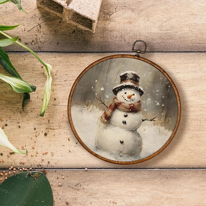 KSDUT Vintage Winter Wall Art Decor - Retro Christmas Snowy Wall Art Canvas Frame Hanging Prints, Snowman Holiday Landscape Round Wall Art Decor for Home Farmhouse Decorations 10"x10"