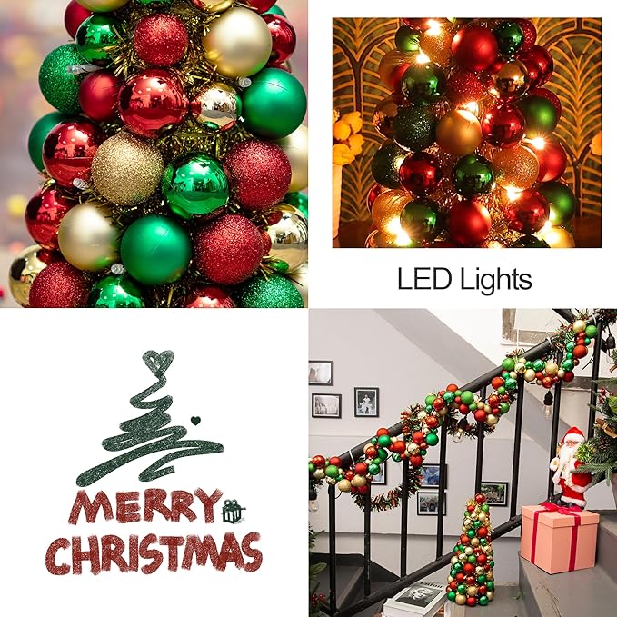 Amooca 16in Christmas Ball Tree with LED Lights Table Centerpiece Fireplace Decor Indoor Holiday Party Home Decoration Red Gold Green
