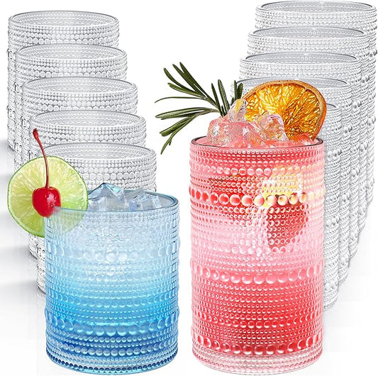 Vintage Hobnail Drinking Glasses Set of 12, 12 oz Highball Glasses & 10 oz Cocktail Glasses, Embossed Glass Cups, Clear Water Glasses Kitchen Bar Glassware Set for Beer, Juice, Cocktail, Whiskey