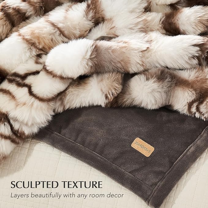 EverGrace Ultra Soft Luxury Fluffy Faux Rabbit Fur Throw Blanket, Thick Warm Bubble Throw for Bed, Cozy Plush Reversible Blankets for Couch, Chair, Sofa, Beige & Gray, 50x60 Inches