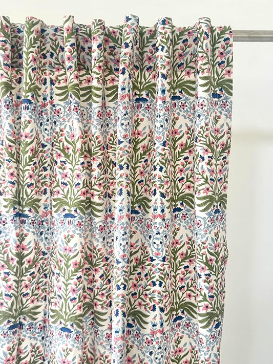 ATOSII 100% Cotton Single Panel Block Print Curtain, Easy Hanging with Rod Pocket & Loop, Living Room, Dining Room, Bedroom Light Filtering Boho Curtains, Set of 1, 60" W X 108" L, Nargis Light Blue