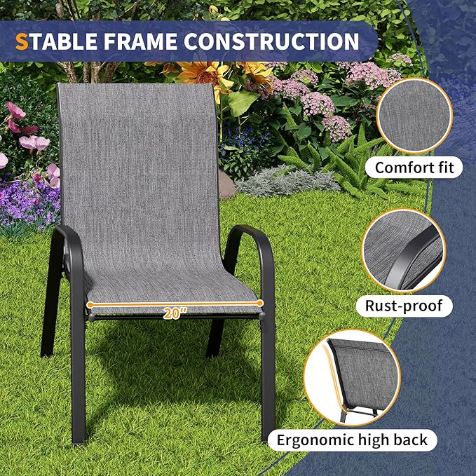 Amopatio 3 Piece Patio Set, Outdoor Stackable Dinging Chairs for All Weather, Breathable Garden Outdoor Furniture for Backyard Deck, Dark Grey