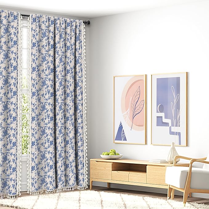 Vintage Blue Floral Curtains for Living Room 96 Inch Length Linen Blue Toile Curtain Rod Pocket French Country Drapes with Tassel Bedroom Window Curtain Set 2 Panels
