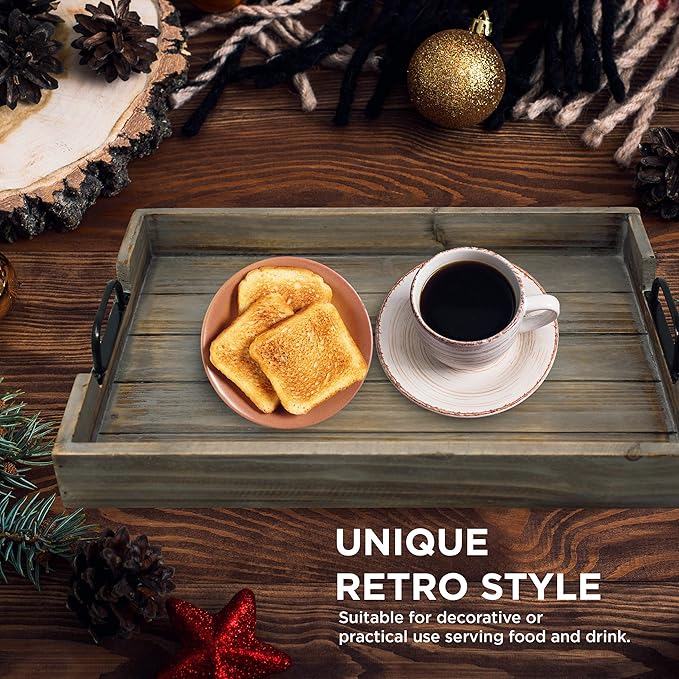 3 Pie­ce Decorative Nested Vintage Wood Serving Tray Set for Coffee Table or Ottoman – Rustic Wooden Breakfast Trays for Kitchen, Dining Room, or Living Room – Farmhouse Platter w/Handles - Barnwood