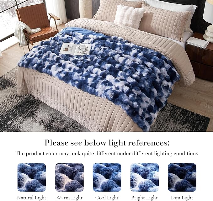 Amélie Home Faux Fur Throw Blanket for Couch, Ultra Soft Fuzzy Plush Bubble Throw for Sofa, Living Room & Home Decor, 50"x60", Tie-dye Blue