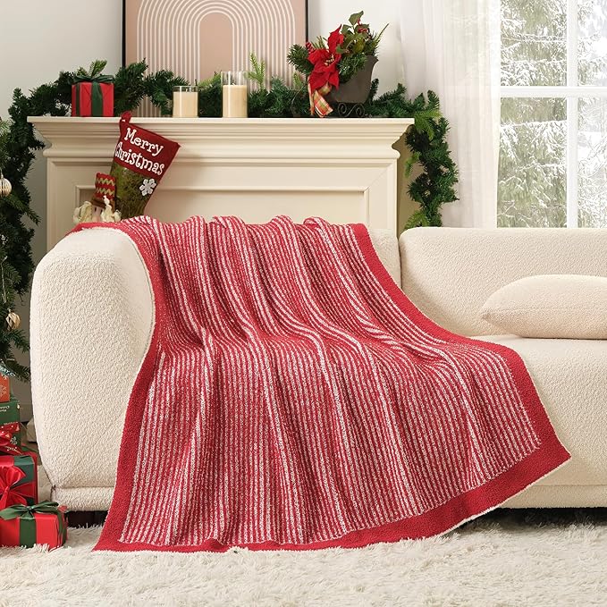 Snuggle Sac Christmas Soft Throw Blanket for Couch, Fuzzy Microfiber Knit Stripe Blankets for Couch, Sofa, Travel, Red Cream, 50x60 inches