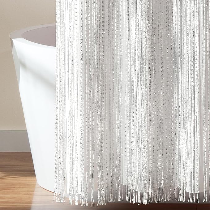 Lush Decor Night Sky String Thread Shower Curtain With PEVA Liner, 2 Piece Set, 72" W x 72" L, White - Silver String Shower Curtain and Liner Set - Shimmery Bath Curtain - Modern Glam Bathroom Decor