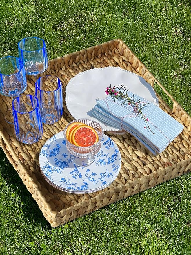 Extra Large Square Ottoman Table Tray 19.7" with Handles - Water Hyacinth Wicker Serving Tray for Farmhouse Decorative Oversized Coffee Table Trays Living Room Kitchen Counter Breakfast (Flush Edge)