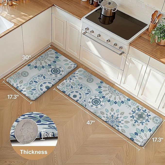GENIMO Kitchen Mats for Floor 2PCS, Cushioned Kitchen Rugs Non Slip Washable, Farmhouse Anti Fatigue Mat Waterproof, Comfort Standing Mat for Office, Laundry, 17.3"x47"+17.3"x30", AzureBlue&White