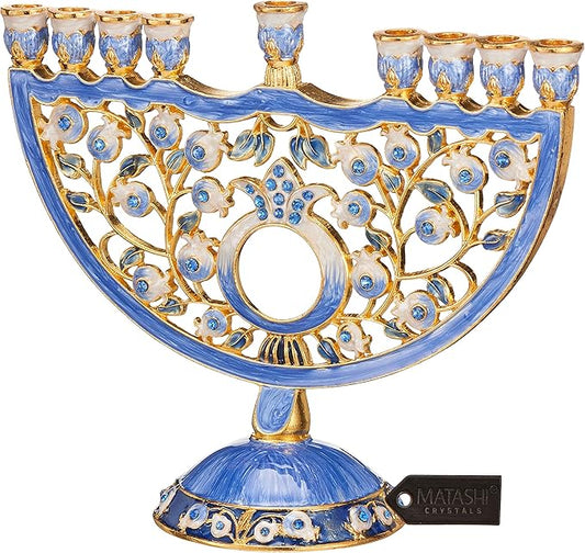 Matashi Hand Painted Blue Enamel Pomegranate Design Menorah Candelabra Embellished with Gold Accents and Crystals Jewish Candle Holder Hanukkah Gift Housewarming Showpiece for Living Room