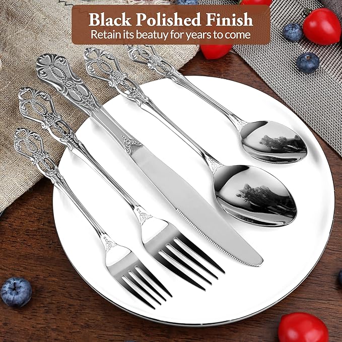 Silverware Set, 30 Pieces Retro Royal Silverware Set for 6, Anti-rust Stainless Steel Flatware Set Including Fork Spoon and Knife, Dishwasher Safe, Silver