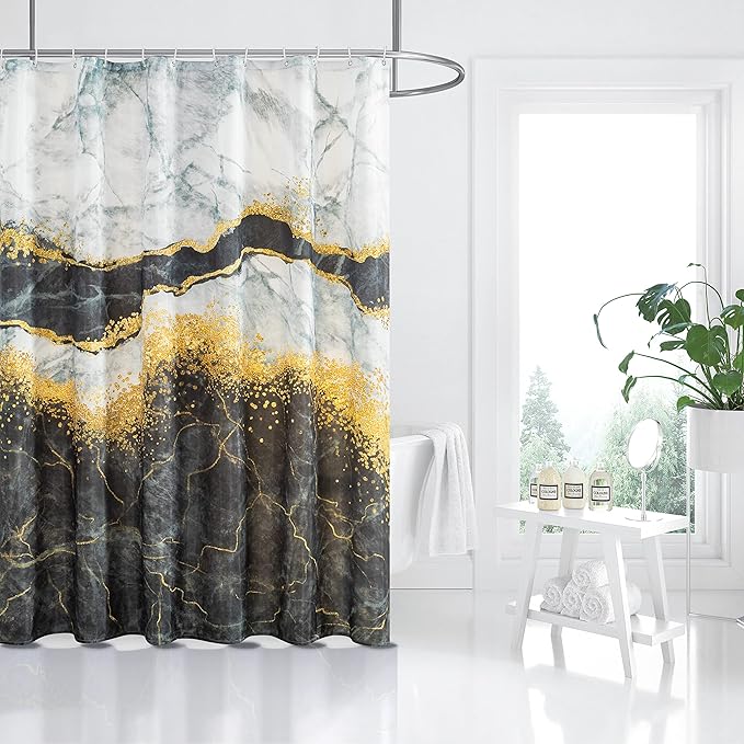 Marble Shower Curtain, Black and White Shower Curtain Set with 12 Hooks, Abstract Luxury Black Marble Shower Curtain with Gold Veins Texture for Bathroom, Waterproof Fabric, 72" W X 72" L