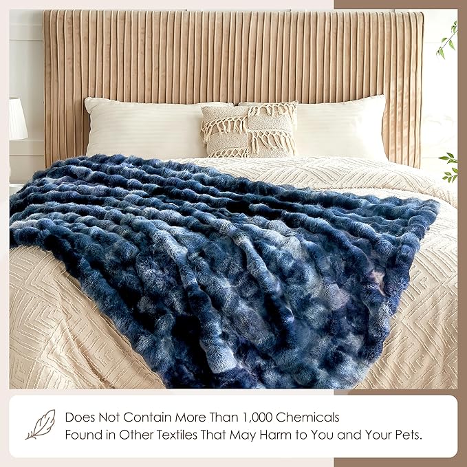 Luxury 1000GSM Faux Rabbit Fur Throw Blanket, Super Heavy Warm Cozy Blankets for Couch Bed Sofa, Bubble Plush Fuzzy Elegant Soft Reversible Mink Blanket for Living Room Bedroom, Tie-dye Blue