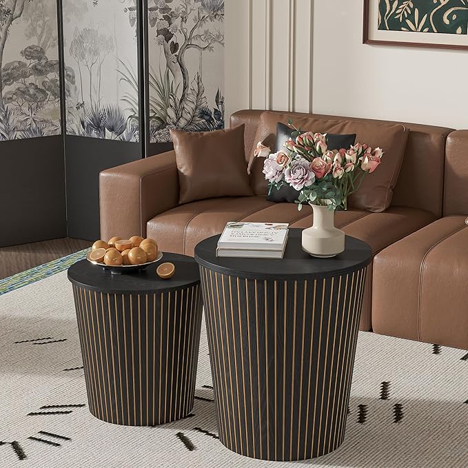 Round Coffee Table Set,2-Piece Modern Farmhouse Living Room End Table Set, Nesting Table Round Natural Finish for Living Room (Black, 17.72'')