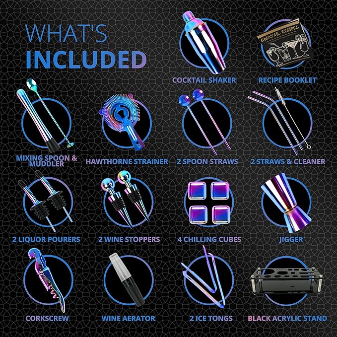 Mixology Bartender Kit – 24 Piece Rainbow Cocktail Shaker Set w/Stand – Essential Home Bar Accessories Martini Shaker, Jigger, Muddler, Chilling Cubes & More