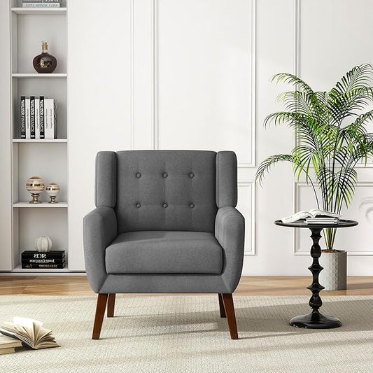 UIXE Accent Chair Modern Arm Chairs, Mid Century Upholstered Club Armchair, Comfy Single Lounge Sofa Living Room Button Tufted Armrest Reading Seat Bedroom Side Sitting for Home Office, Gray