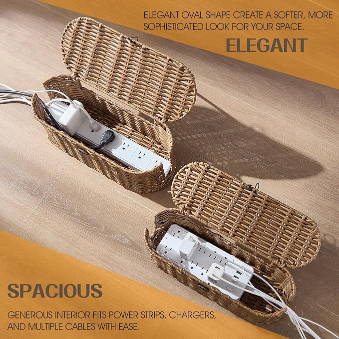 FairyHaus Cable Management Box 2Pack Brown, Handwoven Large and Small Cable Organizer Box Cover to Hide Cords and Power Strip, Imitation Wicker Cord Organizer Box Hider for Office Desk and Floor