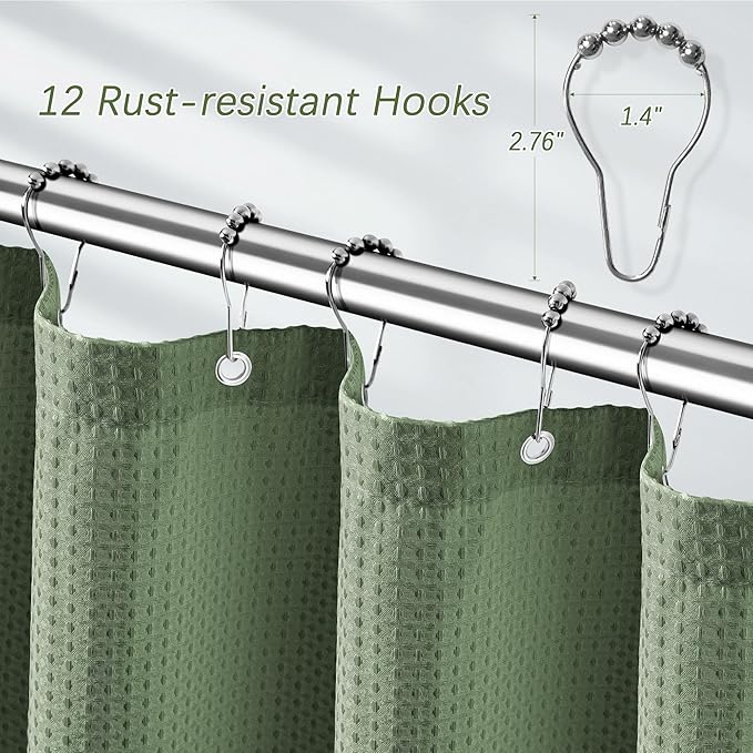 Sage Green Shower Curtain for Bathroom Waffle Textured Heavy Duty 80 Inch Shower Curtain Set for Bathroom, Water Repellent 256GSM Neutral Fabric Shower Curtains with 12 Metal Hooks, 72Wx80H