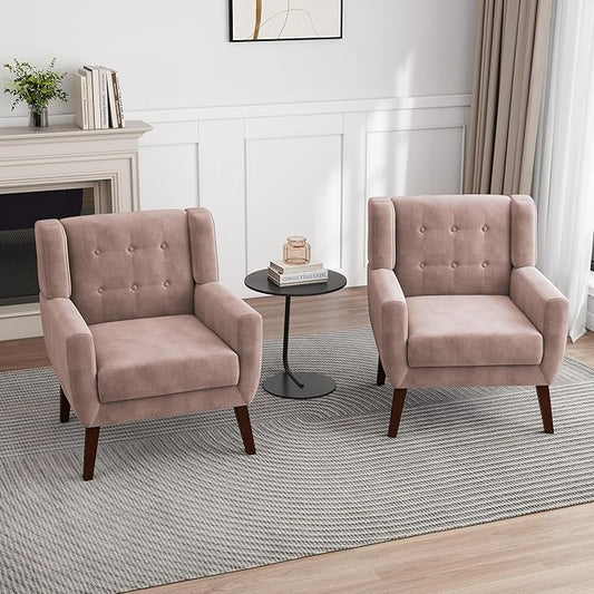 UIXE Velvet Accent Chairs Set of 2, Modern Arm Chair Mid-Century Living Room Armchair, Comfy Upholstered Button Tufted Reading Seat Bedroom Side Sitting, Skin Pink