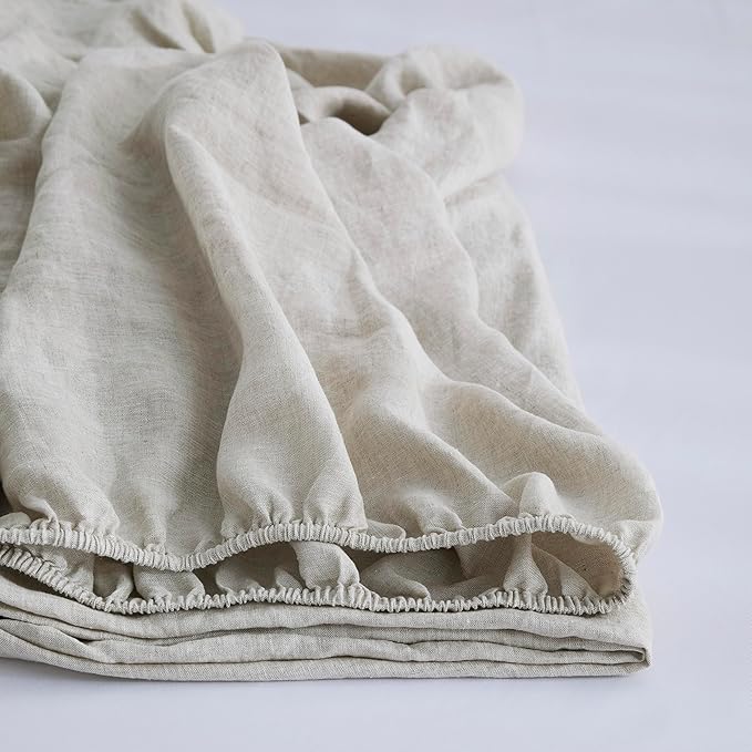 100% Linen Fitted Sheet King(1 Piece), 15 Inch Deep Pocket Mattress Cover French Flax Stone Washed Farmhouse Soft Breathable Bottom Sheets(Natural Linen, King)