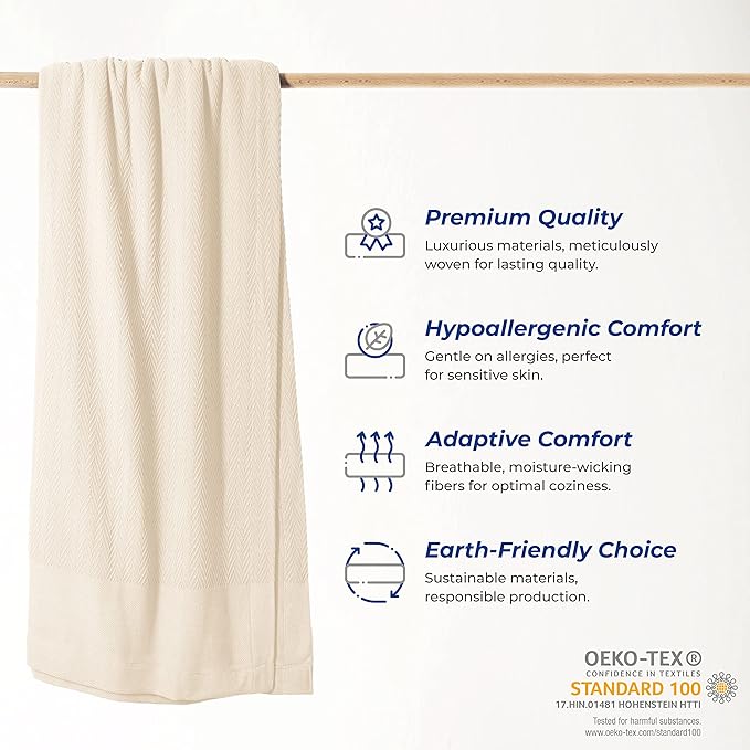 THREAD SPREAD Organic GOTS Cotton Blanket, King/Cal King - 350GSM, Oversized Antistatic, Fuzzy Soft, Couch, Bed, Camping & Travel, Luxurious Herringbone All-Season Throw, Ivory/Cream + Free Tote Bag