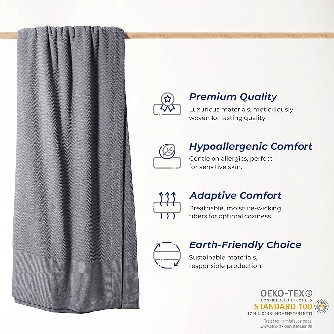 THREAD SPREAD Organic GOTS Cotton Blanket, Full/Queen - 350 GSM, Antistatic, Fuzzy Soft, Lightweight, Sofa, Camping & Travel, Perfect Herringbone All Seasons Throw, Dark Grey with Free Tote Bag
